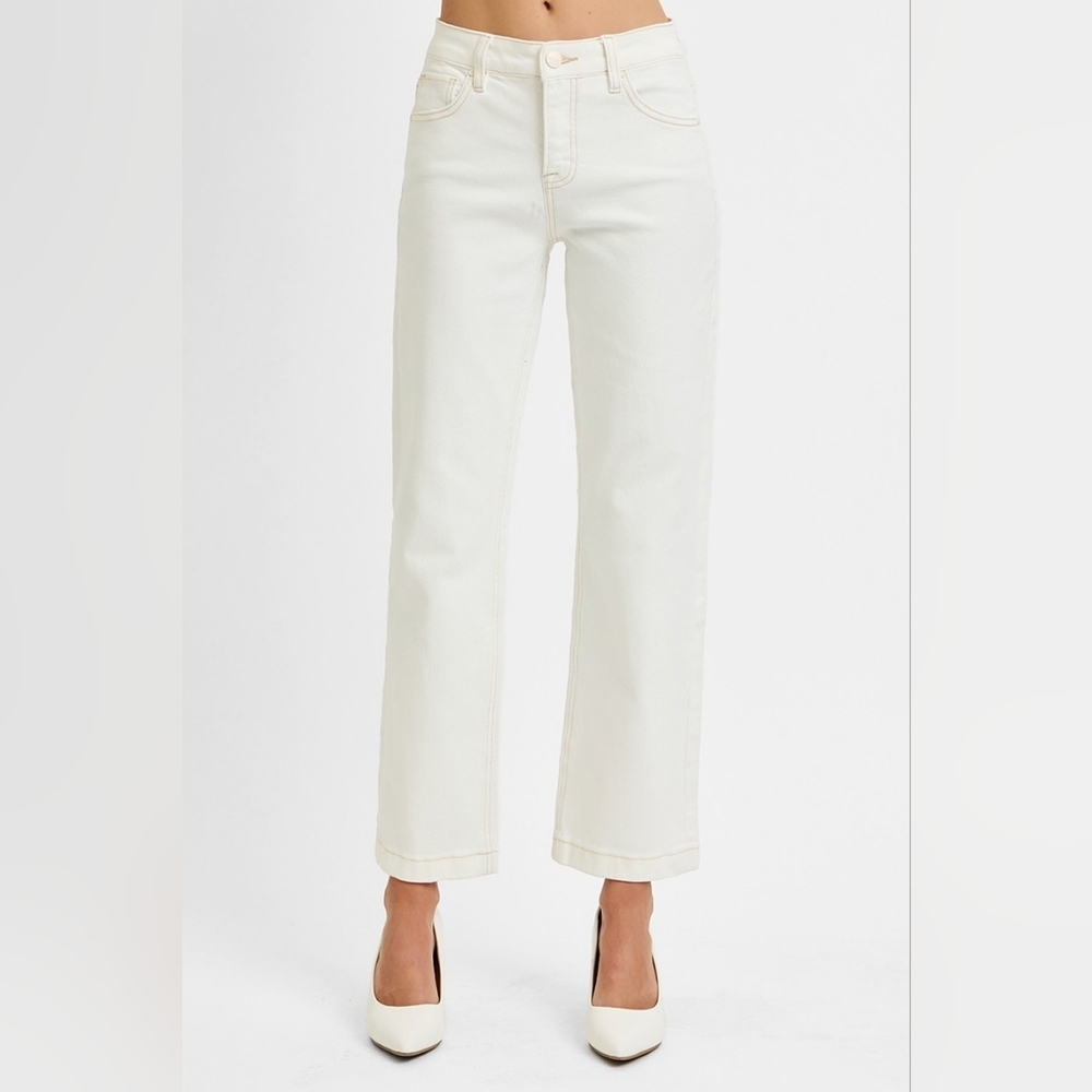 RISEN Mid Rise Tummy Control Straight Ankle Jeans Stretch Cream Neutral NEW - Picture 2 of 6